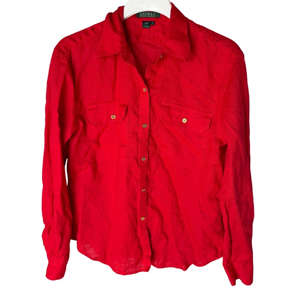 Lauren Ralph Lauren 100% Linen Red Button Down‎ Shirt Gold Buttons, M